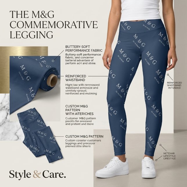 Leggings Navy Elegantes com Padrão de Data e Monog (Custom Monogram Date Pattern Stylish Navy Leggings)