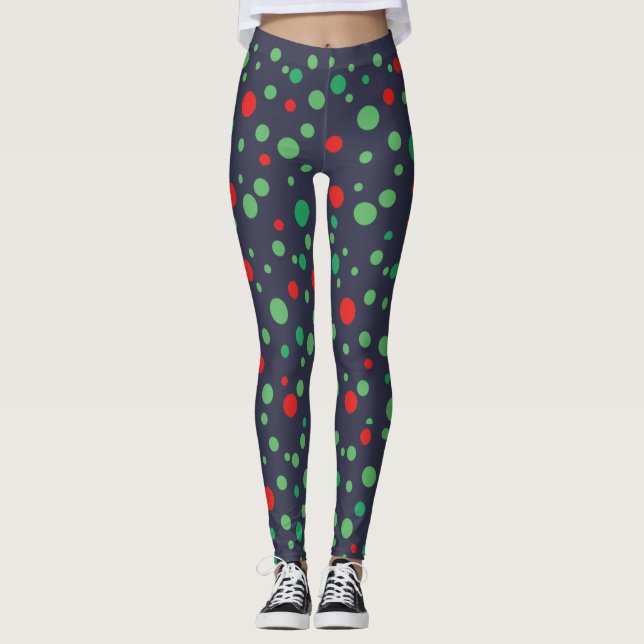Leggings Negras Dotadas de Polka Verde e Vermelha (Frente)