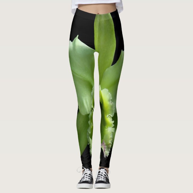 Leggings orquídeas verdes limões em um fundo preto (Frente)