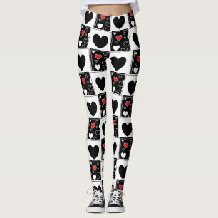 Leggings Padrão do Coração Branco Vermelho Negro