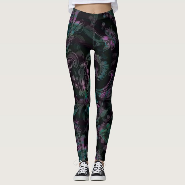 Leggings Paisley: Escuro, derramamento de petróleo (Frente)