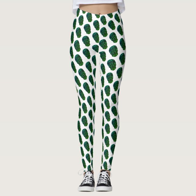 Leggings personalizadas padrão de crânios verdes (Frente)