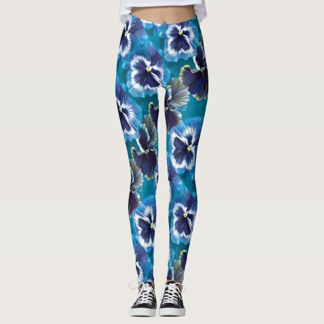 Leggings pintadas com flor azul de pensamento (Frente)