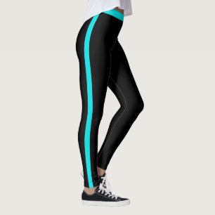 Leggings Pretas com Listra Lateral Azul Turquesa -