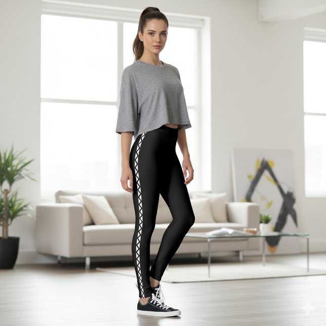 Leggings Pretas com Listra Lateral Branca Clássica (Black Leggings with Classic White Side Stripe)