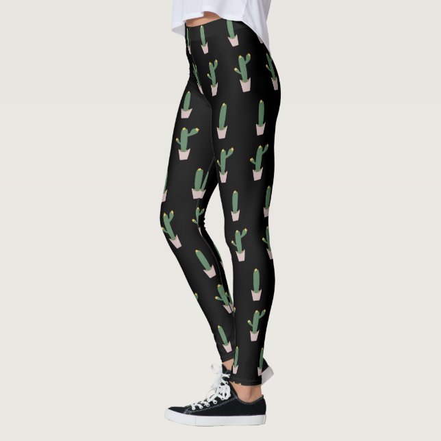 Leggings Pretas com Padrão Simples de Cacto em Vas (Esquerda)
