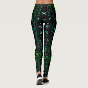 Leggings Pretas de Violão Floral Verde