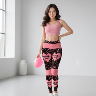 Leggings Pretas e Rosa com Gráfico 'EU TE AMO'