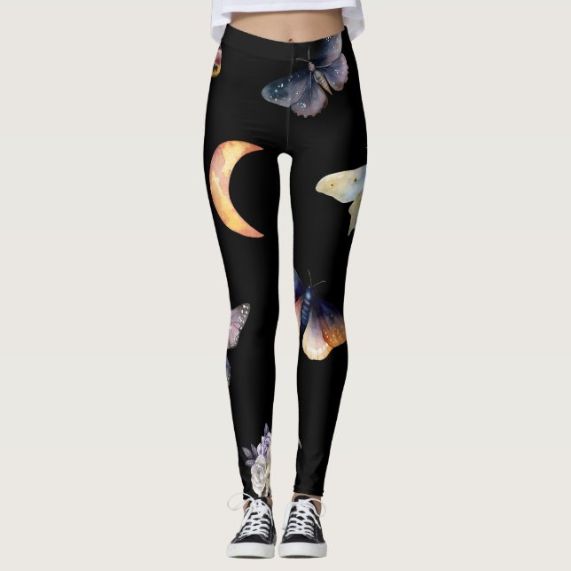 Leggings Pretas Femininas com Cristais e Mariposas (Frente)