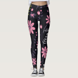 Leggings pretas femininas com Impressão cor-de-ros