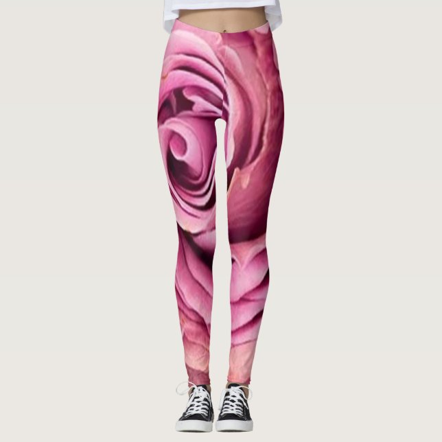 Leggings pretas modernas Chic com flores Green Red (Frente)