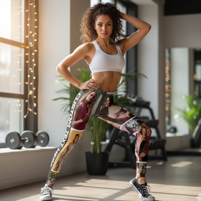 Leggings Pretas Personalizadas com Colagem de Foto (Custom Black Photo Collage Leggings with Personalized Text for Unique Workout Style)