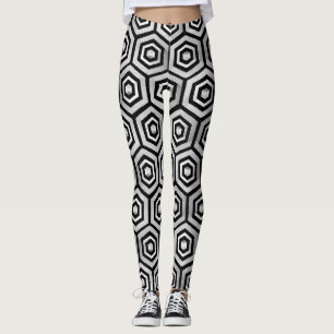 Leggings Preto Branco Padrão Geométrico Hexágono