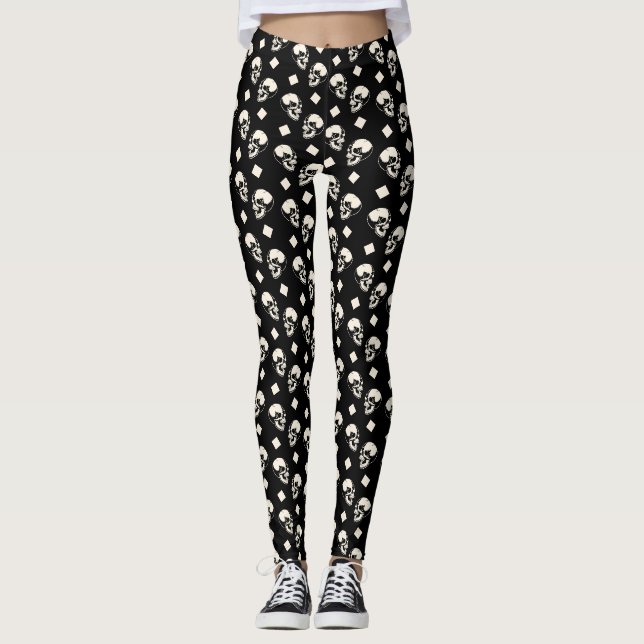 Leggings Preto com Padrão de Caveiras em Diamante  (Frente)