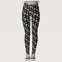 Leggings Preto com Padrão de Caveiras em Diamante 