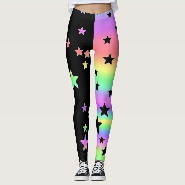 Leggings Preto e Arco-Íris Pastel com Estrela (Frente)