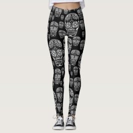Leggings Preto e Branco de Crânio Açucarado
