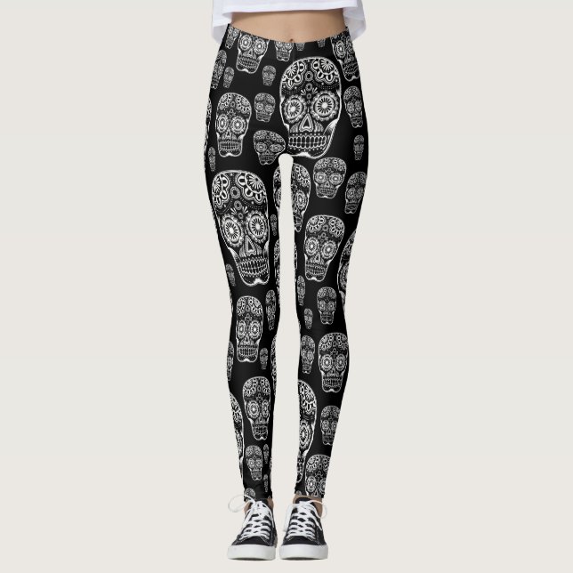 Leggings Preto e Branco de Crânio Açucarado (Frente)