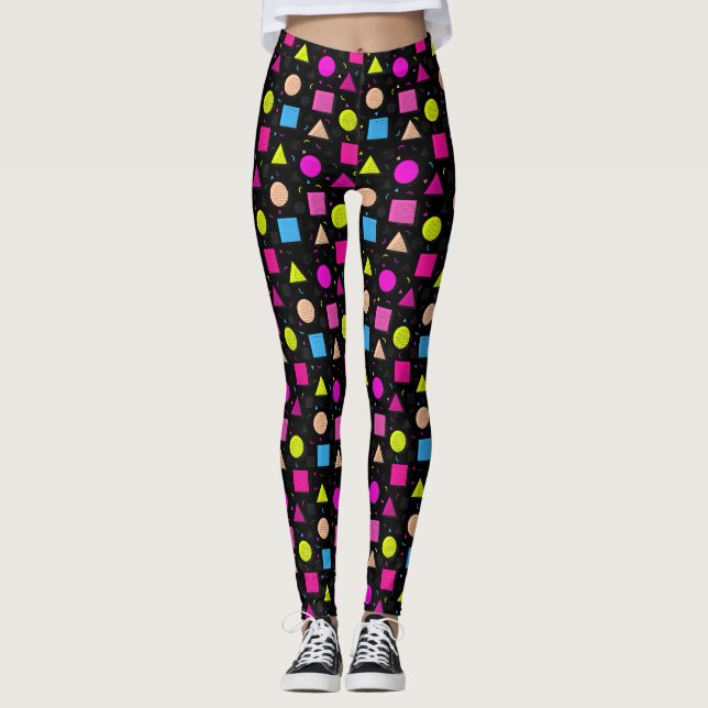 Leggings Preto Estilo Neon Retro dos Anos Oitenta (Frente)