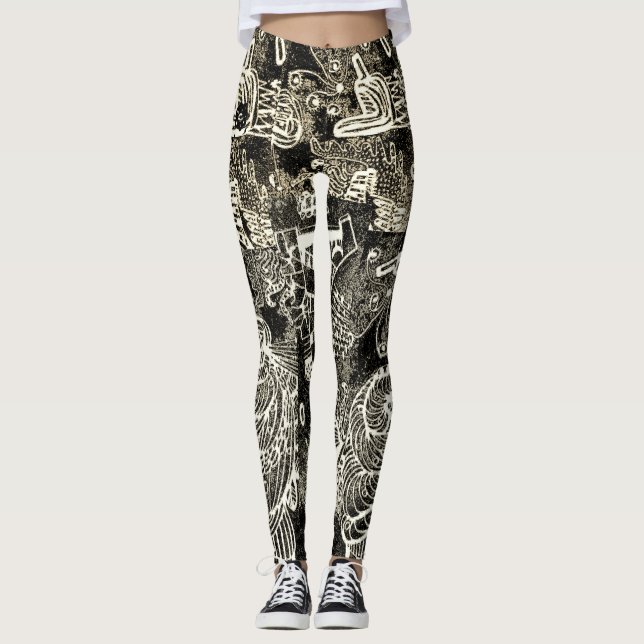 Leggings Preto Sépia Abstrato (Frente)