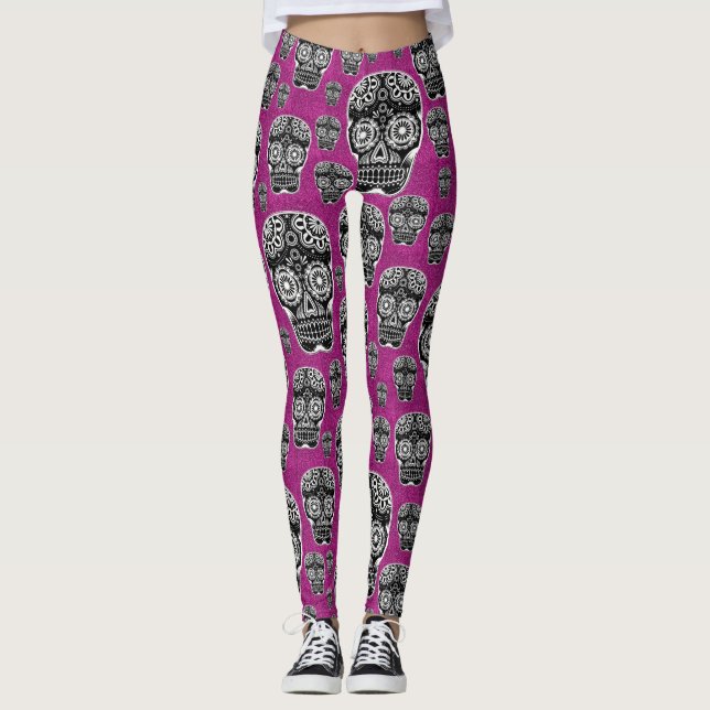 Leggings Rosa Caveira Açúcar Efeito Brilho (Frente)
