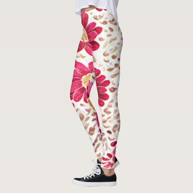 Leggings Rosa Gerbera Daisy e Pincelada Dourada (Esquerda)