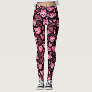 Leggings Rosa Preto Kawaii Caveiras Morcegos Coraç