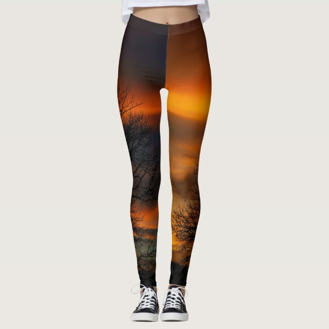 Leggings sunset de silhuetas de árvores (Frente)