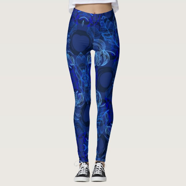 Leggings Tropical Azul Marinho Folhas Botânicas Ne (Frente)