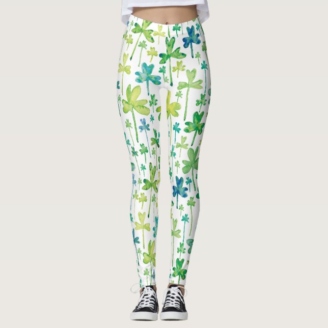 Leggings Verde Branco do Dia de São Patrício Trevo (Frente)