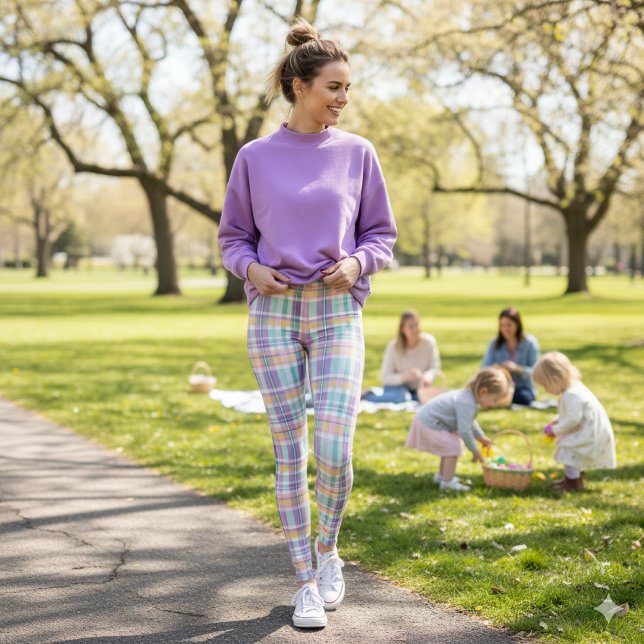 Leggings Xadrez de Estilo Primavera Lavanda, Turqu (Spring stroll meets Easter joy. perfect for showcasing seasonal comfort, color, and family fun.)