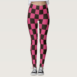 Leggings Xadrez Rosa e Preto Com Estrelas