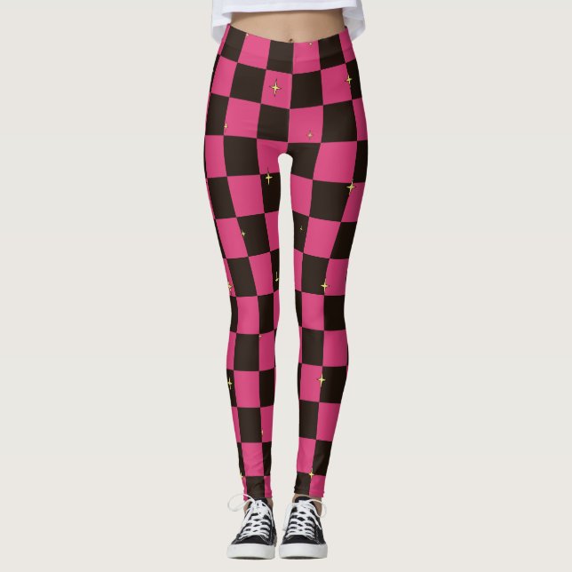 Leggings Xadrez Rosa e Preto Com Estrelas (Frente)