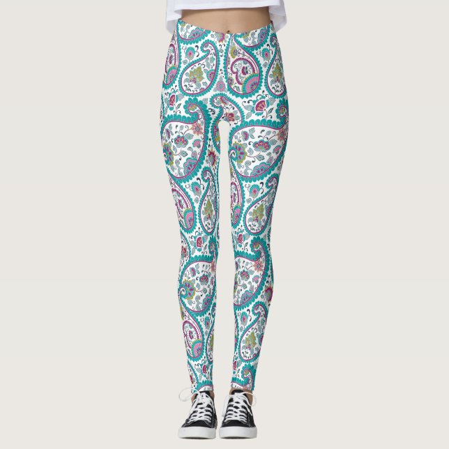 Leggings Yoga do padrão azul persa Boteh Paisley (Frente)