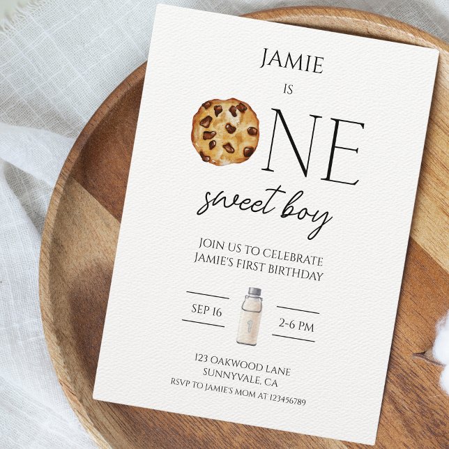 Leite e Biscoitos Doce Um Menino Convite de Aniver (Sweet One Boys First Birthday Party Invitation)