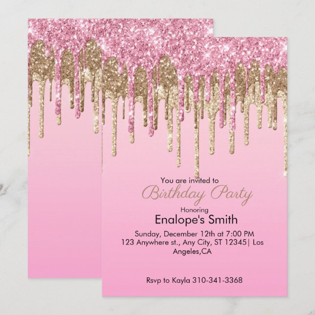 Leitura rosa e Dourada pica o convite de aniversár (Frente/Verso)