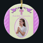 Lembrança do ornamento da foto do comunhão<br><div class="desc">Comemore o primeiro comunhão santamente da sua filha com este ornamento listrado roxo bonito. O texto é inteiramente customizável assim que você pode mudá-lo a o que quer que você quer.</div>