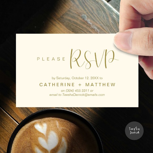 Lembrete minimalista moderno RSVP de convites de c (Wedding Invitation RSVP Modern Minimalist Design Reminder Email Phone Text in Yellow Gold)