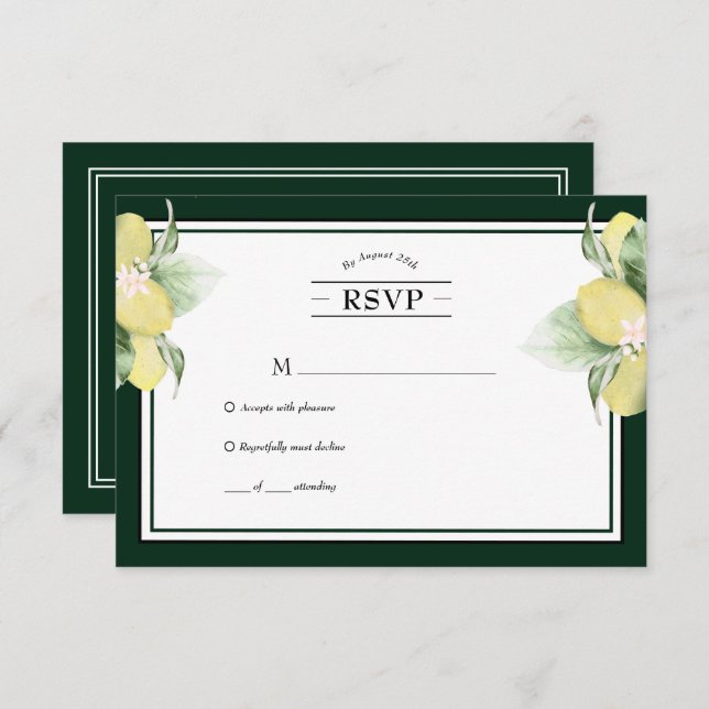 Lemon Border Emerald Green Wedding RSVP (Frente/Verso)