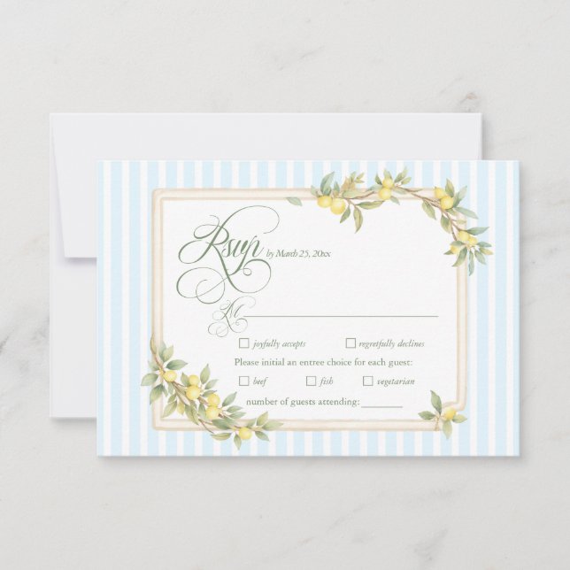 Lemon Coastal Stripe Wedding Menu Choice RSVP (Frente)