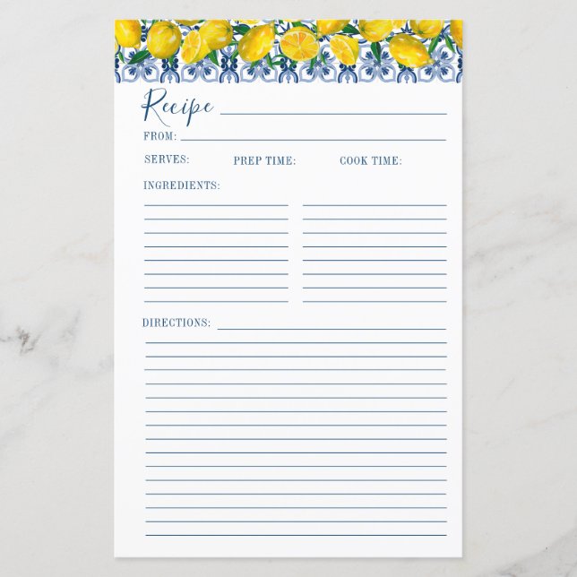 Lemon Italian Blue tile Bridal Shower Recipe Card (Frente)