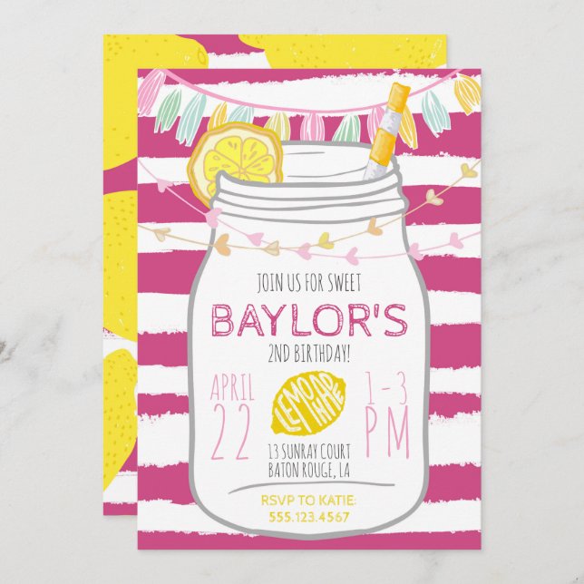 Lemonade Mason Jar Birthday Convite (Frente/Verso)