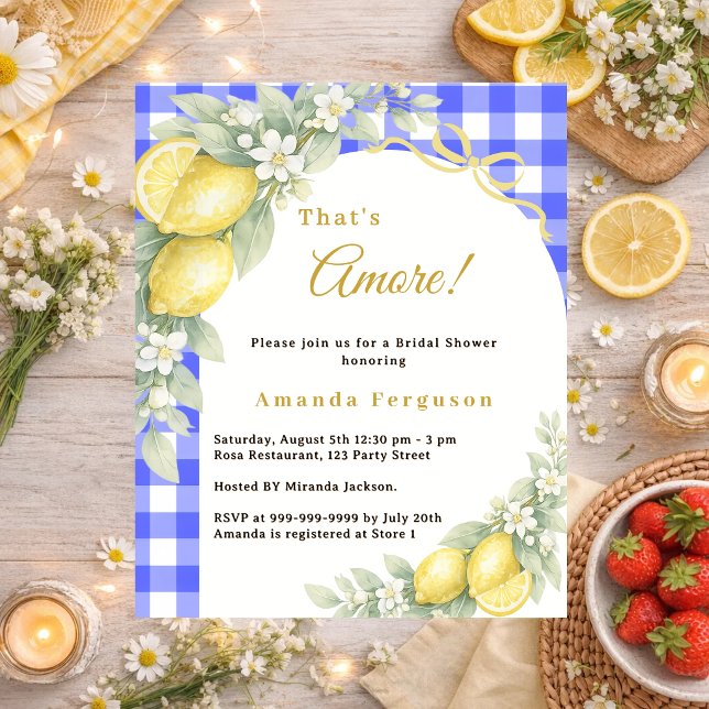 Lemons gingham blue Bridal Shower invitation (Criador carregado)