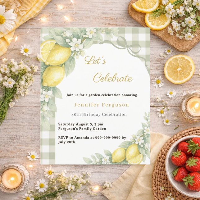 Lemons gingham sage garden tea birthday invitation (Criador carregado)