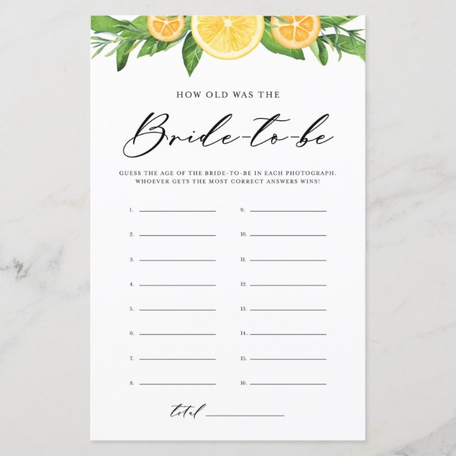 Lemons & Oranges How Old was the Bride Photo Game (Frente)