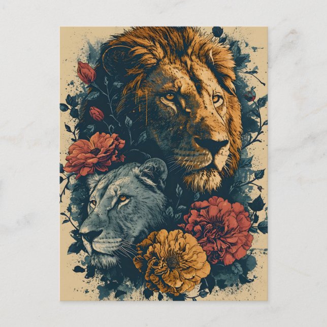 Leões e Flores: Cartão postal Vintage (Frente)