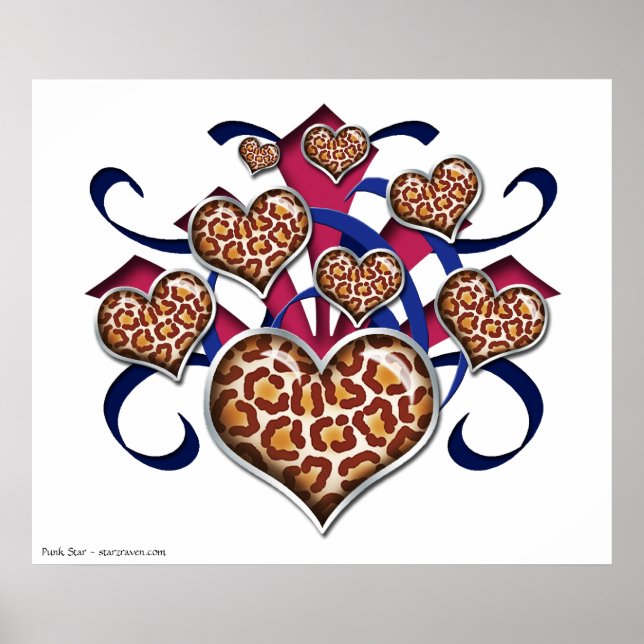 Leopard Print Hearts Pink & Blue Burst Poster (Frente)