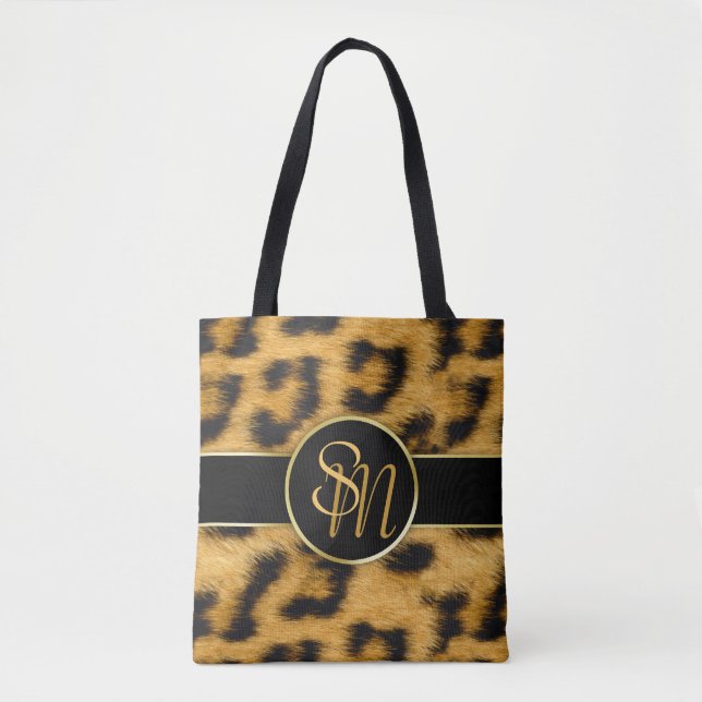 Leopard Print Monogramas Script Elegante - Tote Ba (Frente)