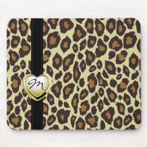 Leopardo Dourado Mousepad do monograma do coraçã