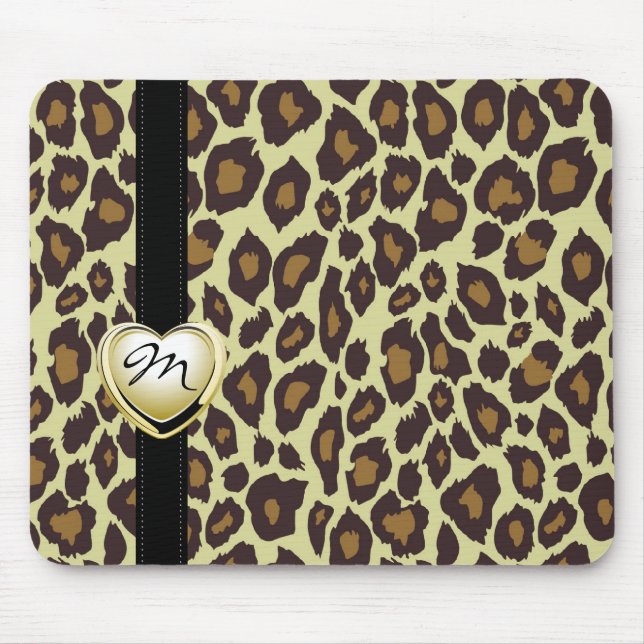 Leopardo Dourado Mousepad do monograma do coração (Frente)